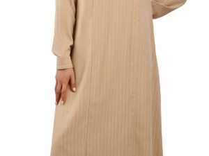 Soft Beige Abaya with V-Neck Lace