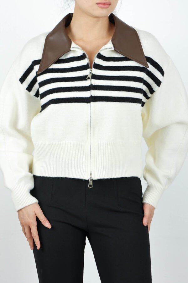Sweater with zipper & leather collar