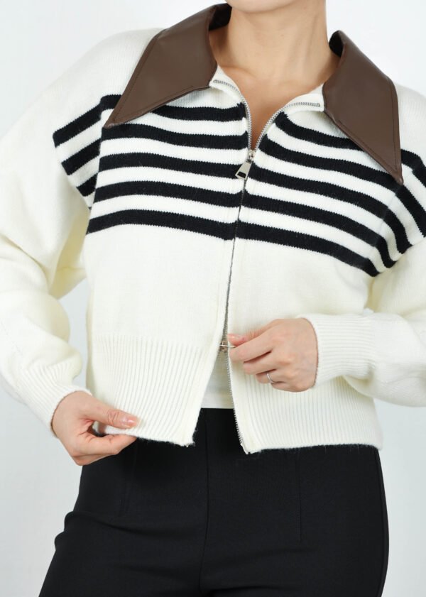 Sweater with zipper & leather collar - Image 2